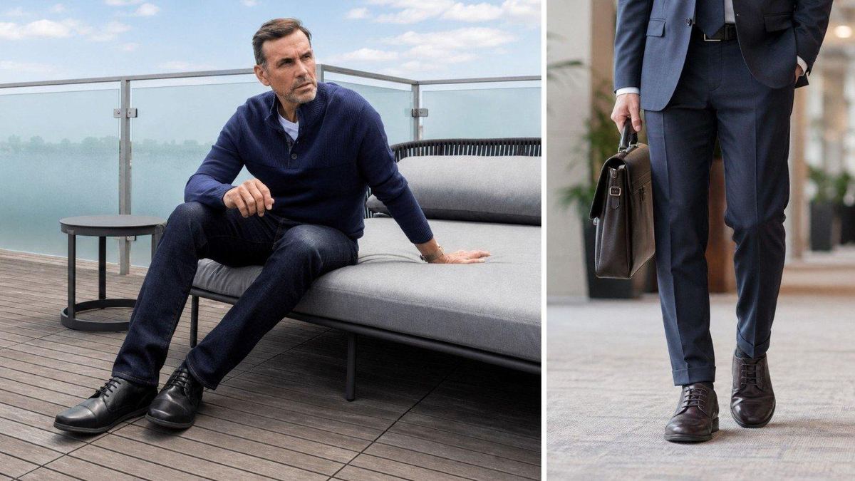 Man in a navy sweater and dark trousers wearing black Birchbury Brenston dress shoes on a terrace, plus a dark brown pair worn with a navy suit