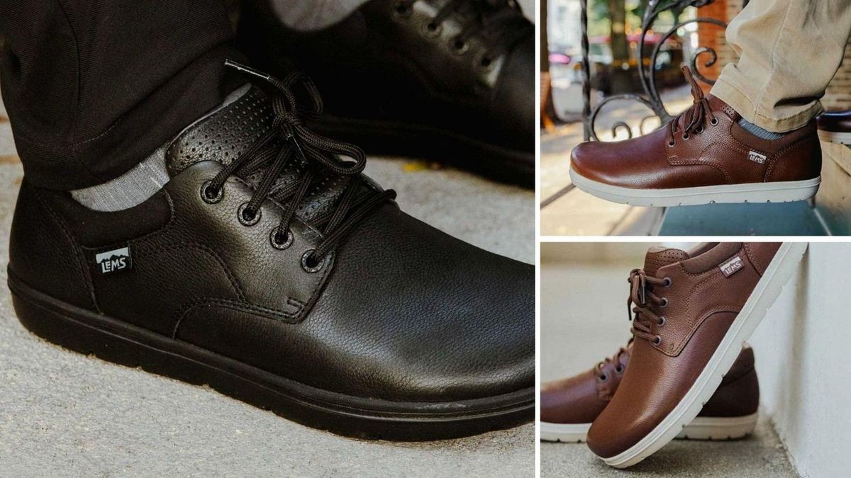 Black Lems Nine2Five V2 oxford in close-up, plus Coffee & Cream pairs worn with chinos