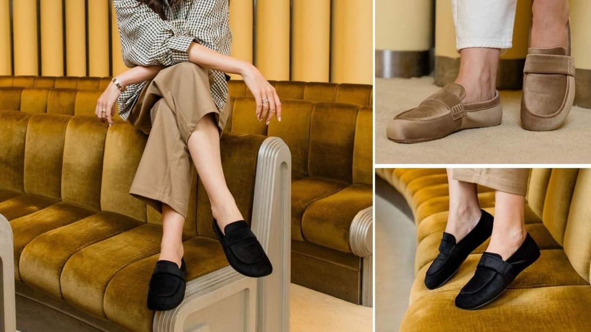 Black velvet Shapen Elysee loafers worn with wide-leg trousers on a mustard velvet sofa, plus a taupe pair