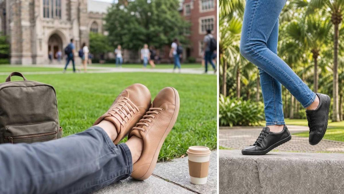 Tan Birchbury Bramford sneakers on a campus lawn beside a backpack and coffee, plus a black pair worn with jeans