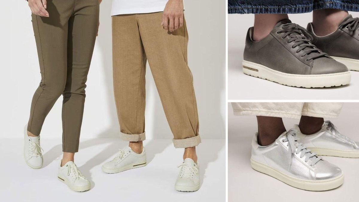 White Birkenstock Bend Low sneakers worn by two people in olive and tan trousers, plus gray and silver pairs