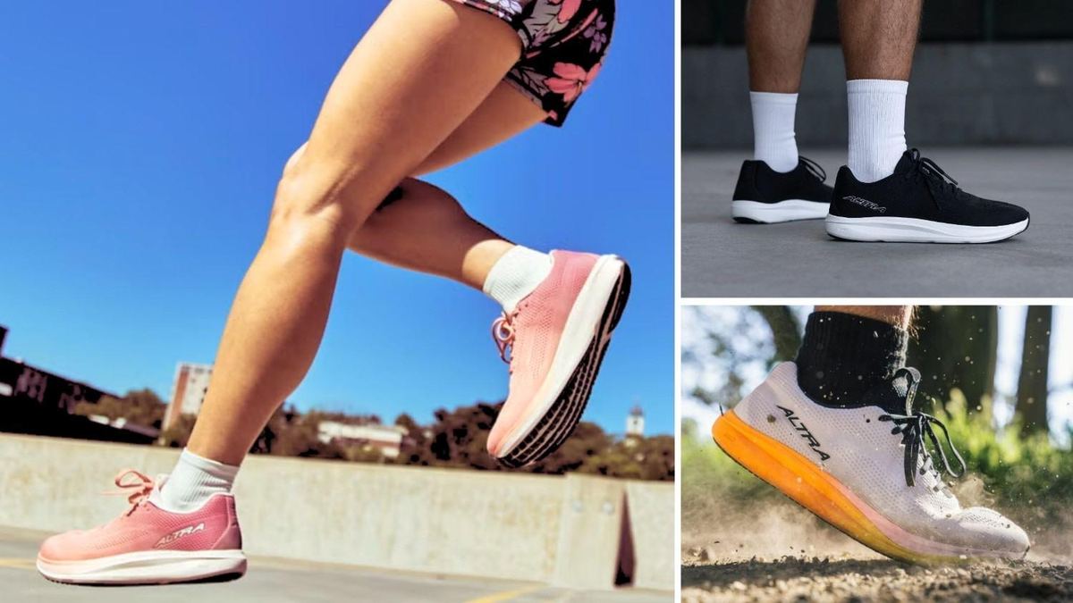 Runner in pink Altra Escalante 5 sneakers mid-stride, plus a black pair and a white pair with an orange sole