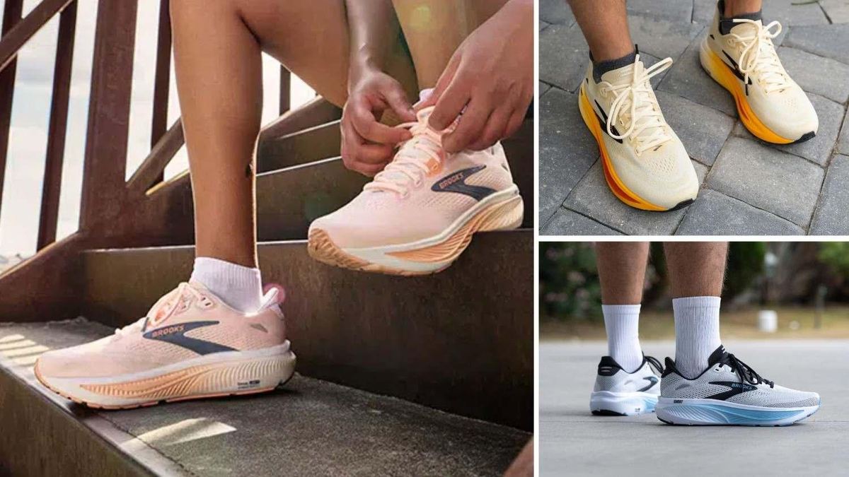 Peach Brooks Ghost 18 running shoes being laced on stairs, plus cream and white pairs