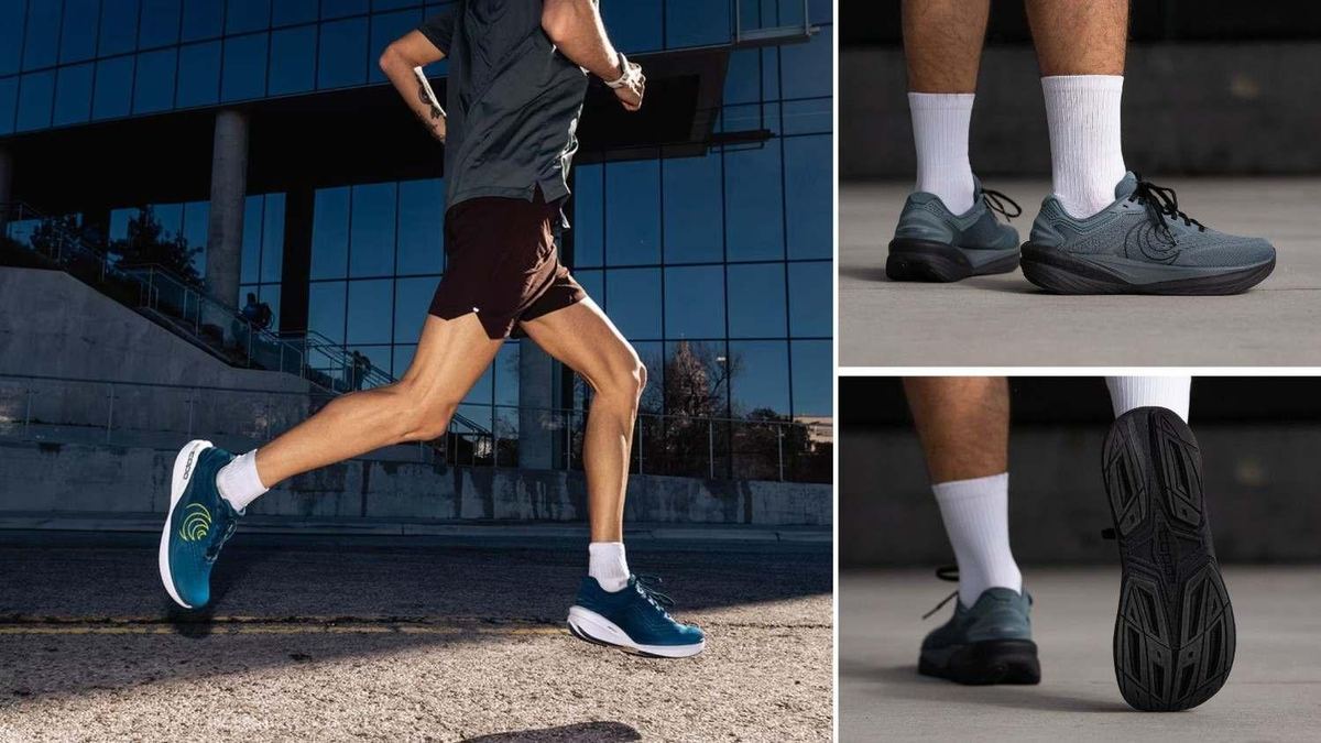 Runner in teal Topo Athletic Phantom 4 shoes on a city street, plus gray pairs and a view of the sole