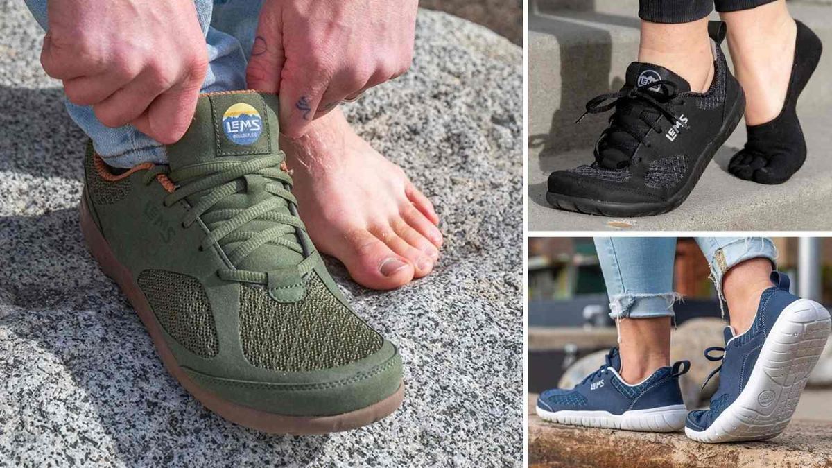 Olive Lems Primal 3 sneaker being put on beside a bare foot on granite, plus black and navy pairs