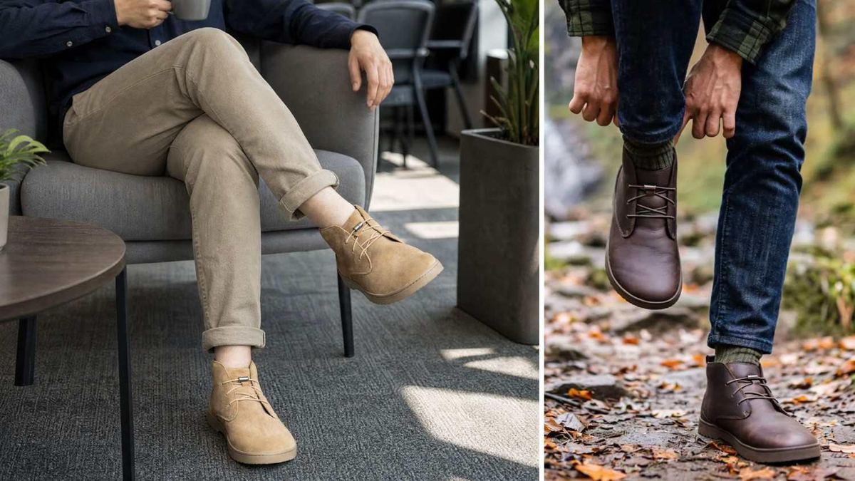 Tan suede Birchbury Carnforth chukka boots worn with khakis in a lounge, plus a dark brown pair on a leafy trail