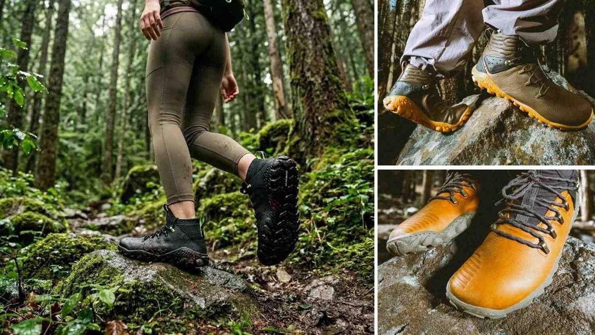 Hiker in black Vivobarefoot Magna Forest ESC boots on a mossy forest trail, plus brown and yellow pairs on rock