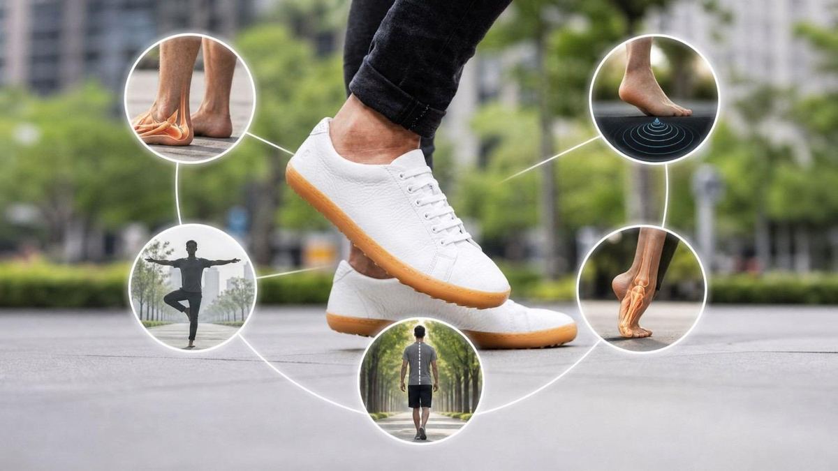White minimalist sneakers in mid-step, surrounded by close-ups of toes spreading, balance, and push-off